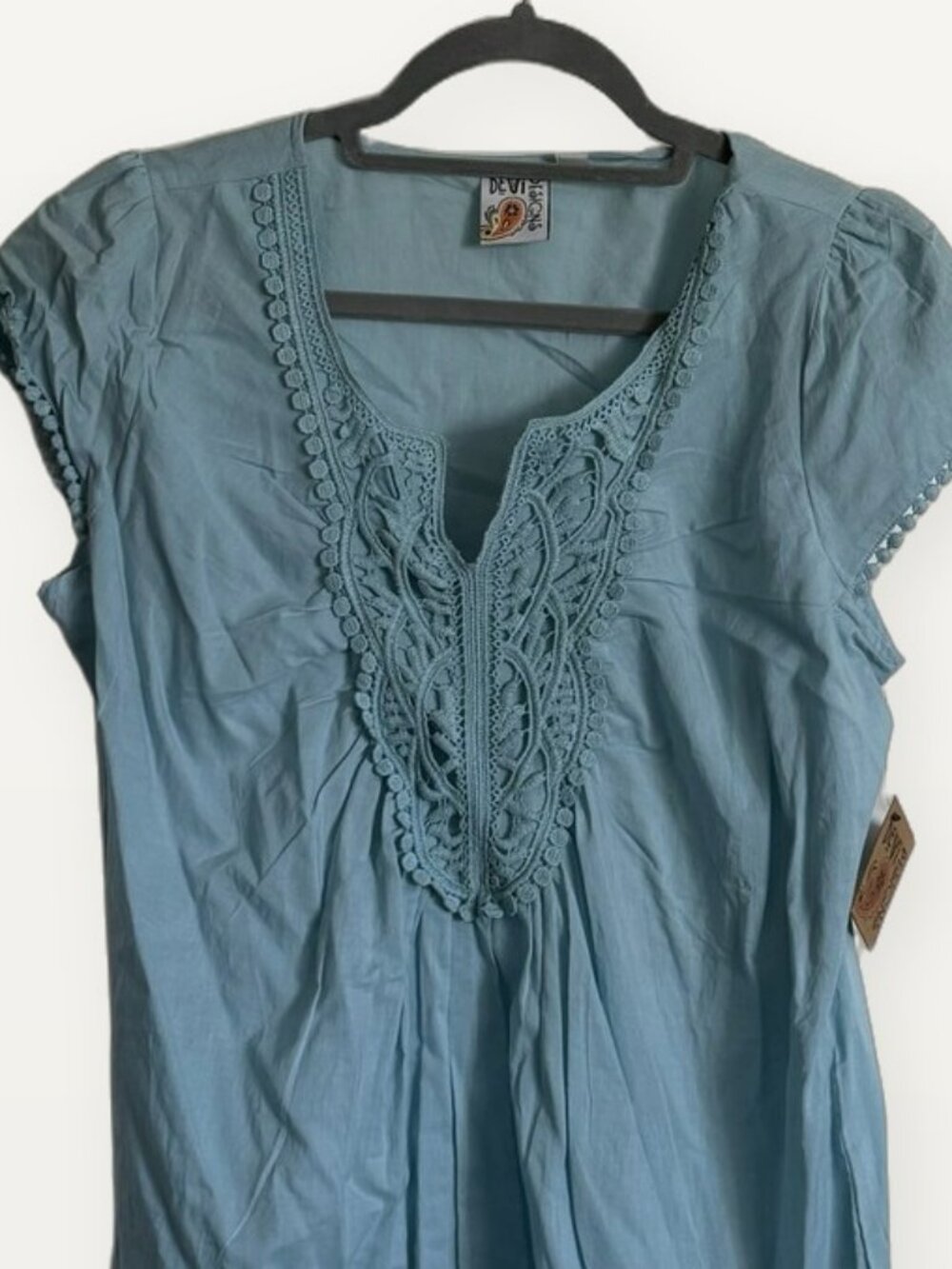 NWT DEVI DESIGNS Aqua Embroidered Bib Pom Trim Tunic Blouse M